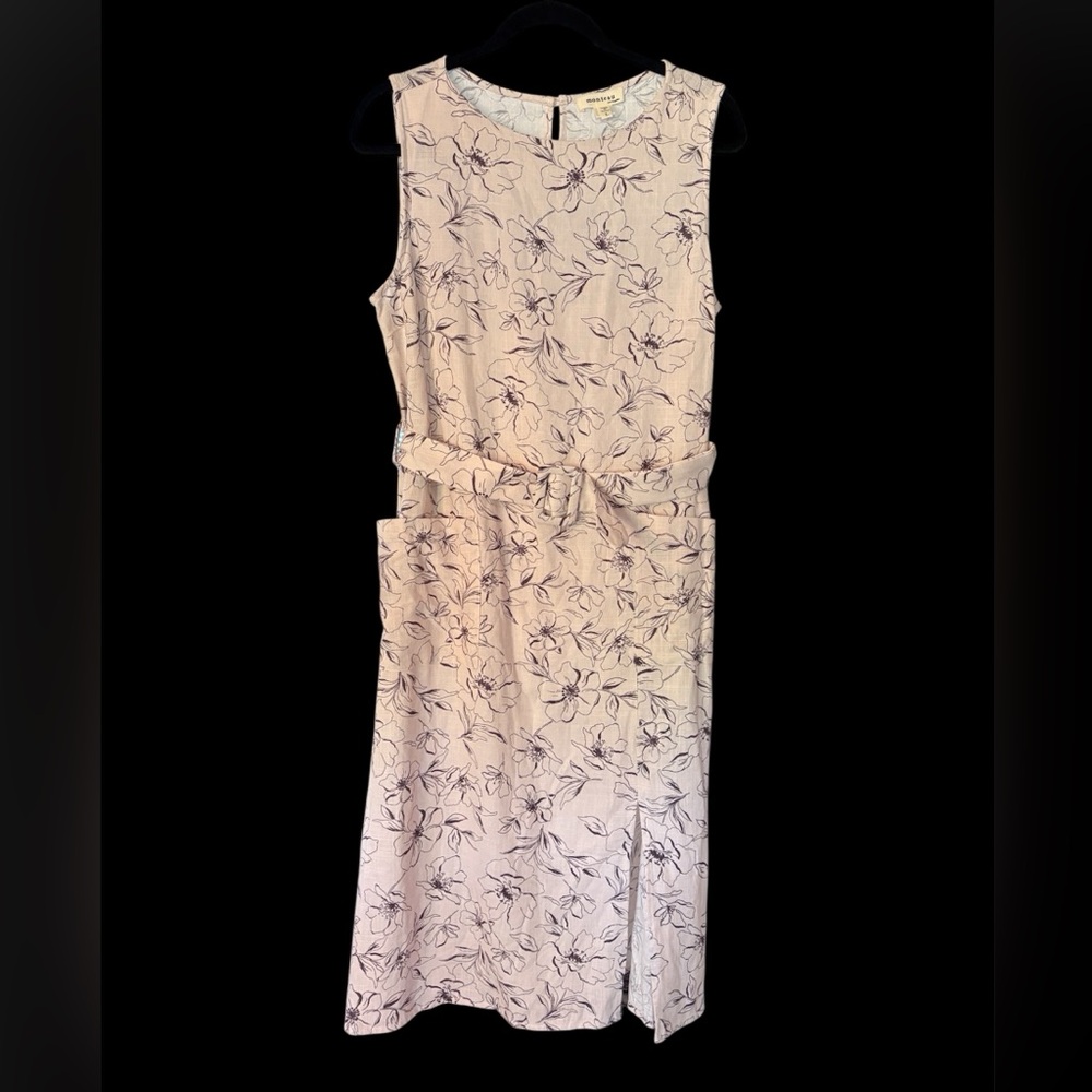 Monteau Cream and Black Floral Linen Blend Midi Dress Large